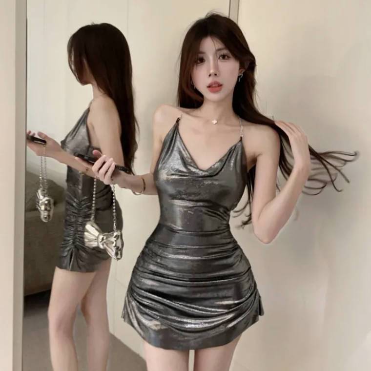 binfenxie-shop homecoming dresses Nightclub Sexy Dress Bar Disco Online Celebrity Hip Skirt Tight Waist Pleated Hot Girl Halter Backless Suspender Skirt