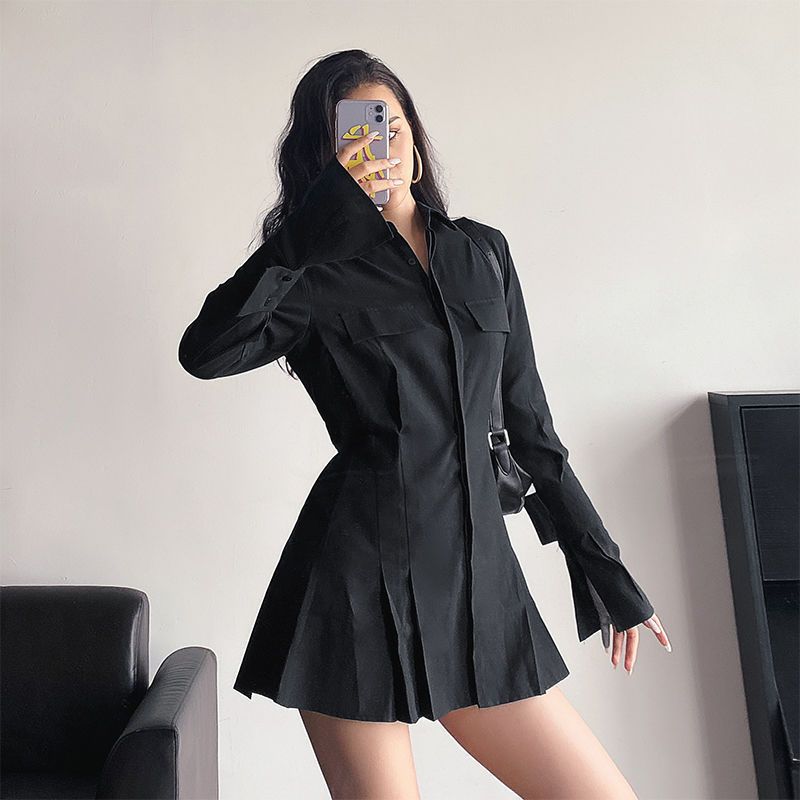 binfenxie-shop mad scientist dress to impress INS Autumn New Shirt Design Sense Bell Sleeve Elegant Waist Slimming Lapel Long Sleeve Dress Women