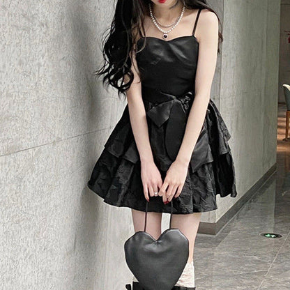 binfenxie-shop sexy outfit Sling Dress Women's Spring and Autumn New Sweet Cool Hot Girl Short Skirt Niche Design Black Fluffy Skirt 2024