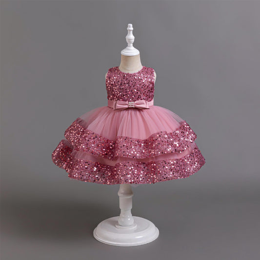 Cross-Border New Arrival Red Children's Dress Sequined Princess Dress Baby Girl Birthday Banquet Skirt Girl Performance Wear