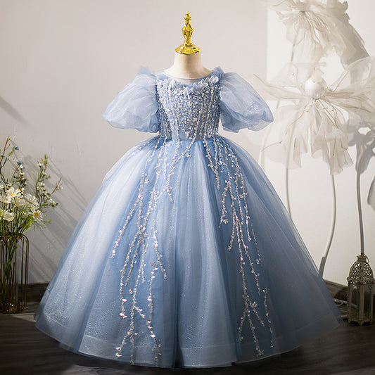 Children's Dress Blue Puff Sleeve Tulle Tutu High-End Girl Princess Dress Model Catwalk Piano Performance Costume