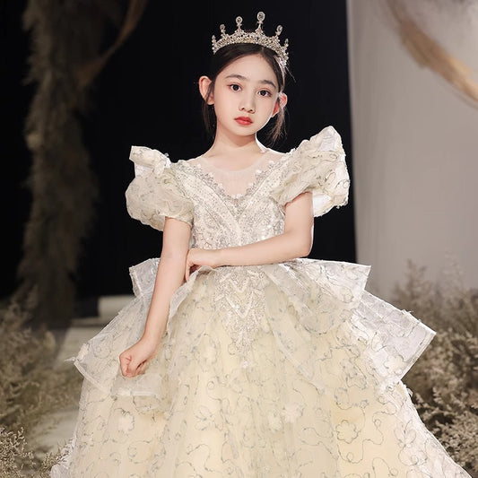 Girl's Dress Champagne Tail Daily Light Luxury Princess Pettiskirt Flower Girl Wedding Little Girl Host Children