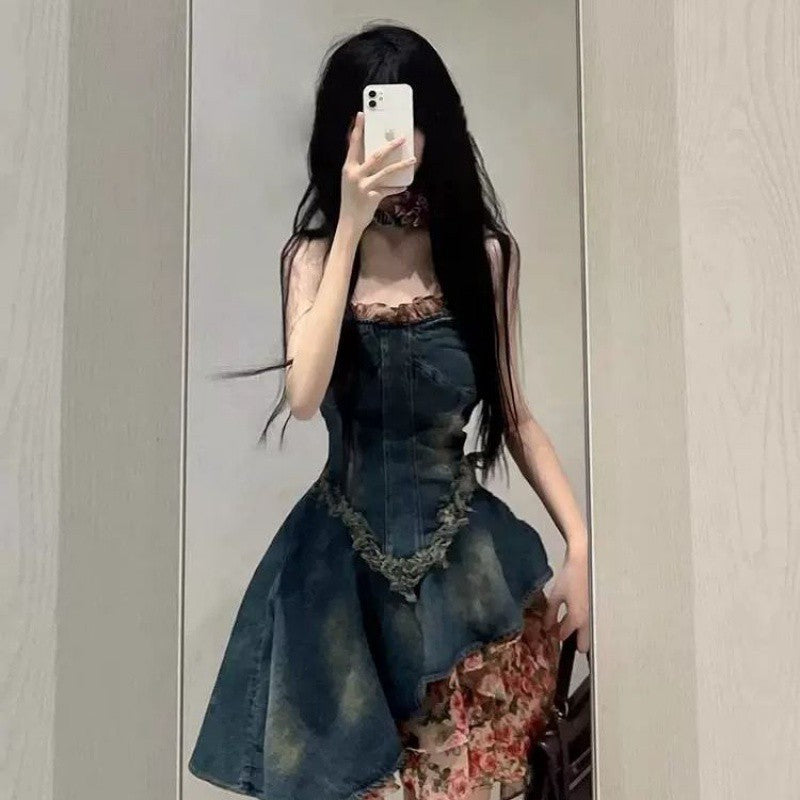 binfenxie-shop fall 2024 fashion trends French Style Sweet Hot Girl Tube Top Denim Dress Women's Summer High-Grade Waist Slimming Pettiskirt Small