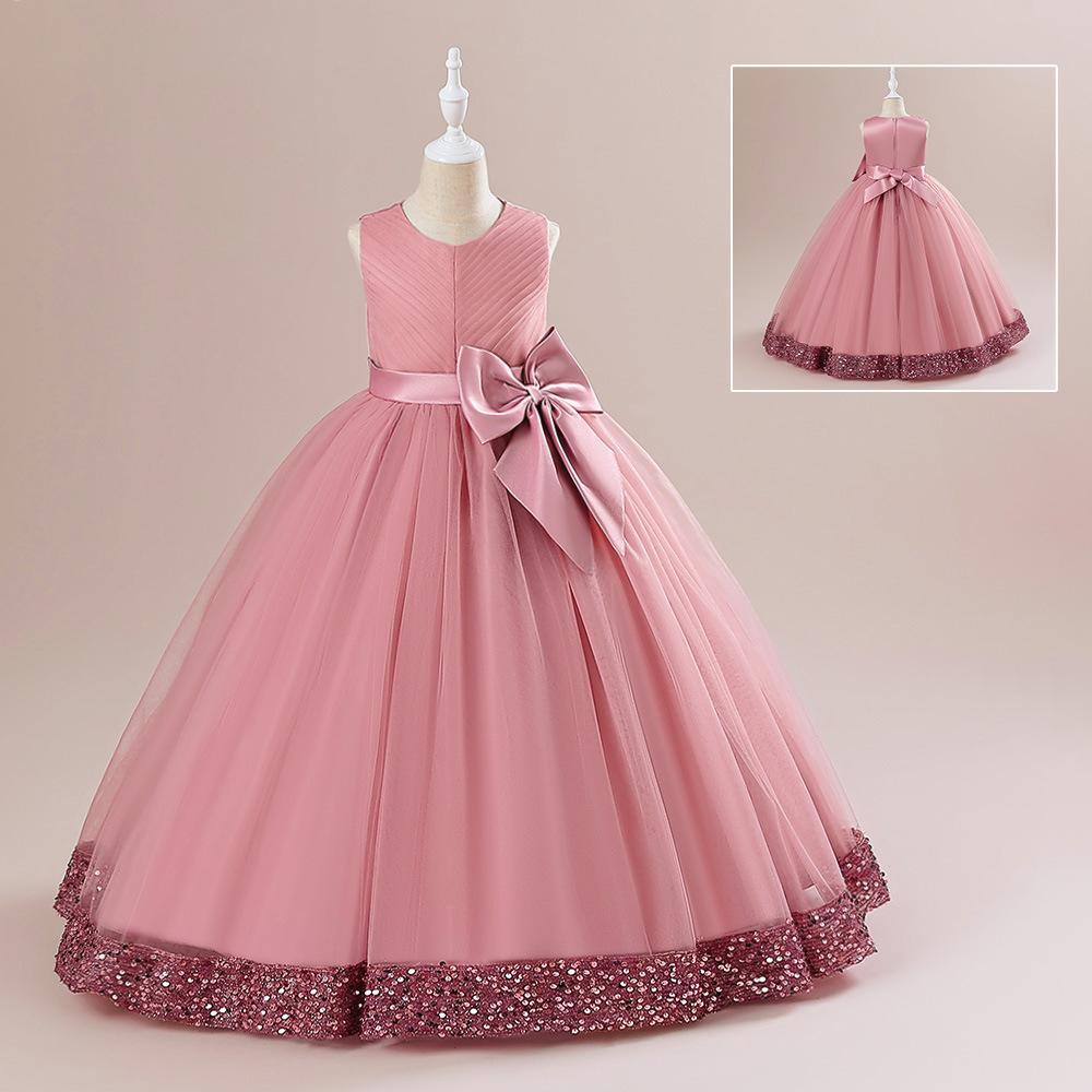 Foreign Trade New Children Shirt Sequined Children's Dress Bow Princess Dress Girl Flower Girl Party Piano Performance Dress