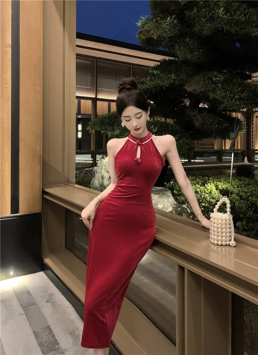 binfenxie-shop dress to impress outfits Banquet Host Auto Show Dress Long Dress Improved Cheongsam Dress Sexy Split Halter Velvet Dress