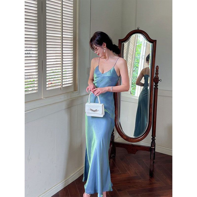 binfenxie-shop dresses Same Day Delivery Summer New Green Mermaid Sling Super Long Dress Smooth Draping Slim Dress