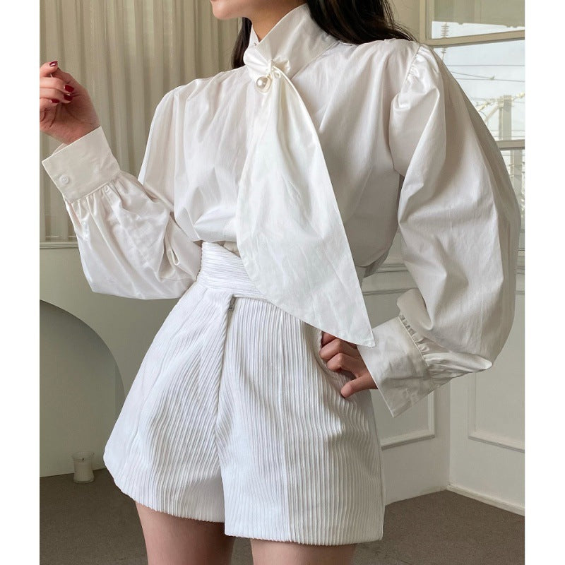 binfenxie-shop avant garde dress to impress Chic Autumn French Elegant Pearl Button Puff Sleeve Shirt + Irregular High Waist Shorts Suit