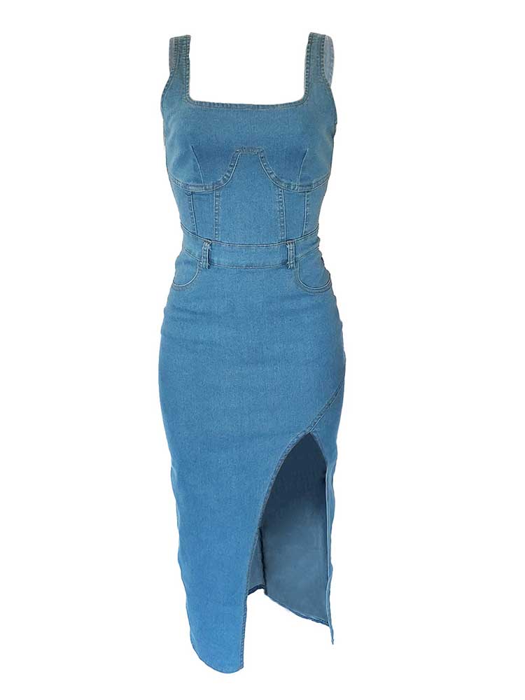 Split Zip Back Midi Denim Dress