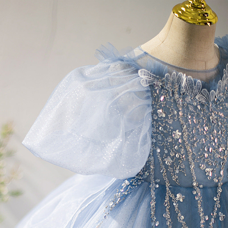 Children's Dress Blue Puff Sleeve Tulle Tutu High-End Girl Princess Dress Model Catwalk Piano Performance Costume