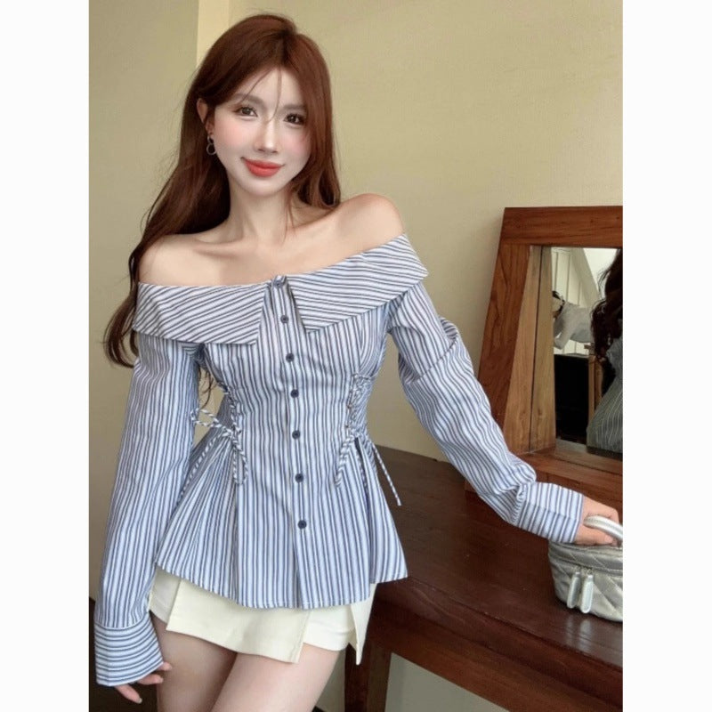 binfenxie-shop dresses Hot Girl Style Striped Shirt Girls' Spring and Autumn off-Neck Slim Waist Shirt Chic Lace-up Long Sleeve T-shirt Shirt