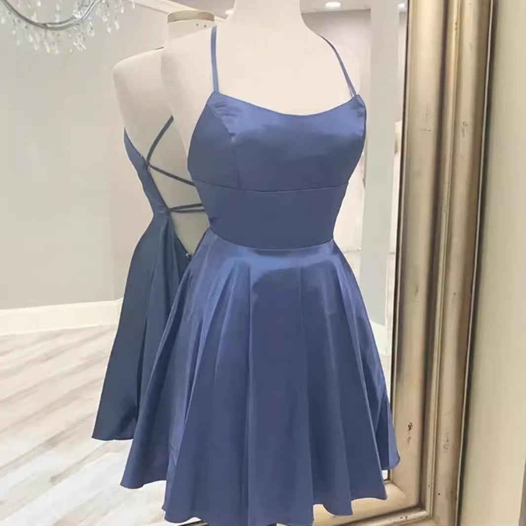 binfenxie-shop prom dresses Blue Strap Engagement Evening Dress Women's French-Style High-End Light Luxury Niche Host Hepburn Style Princess Dress