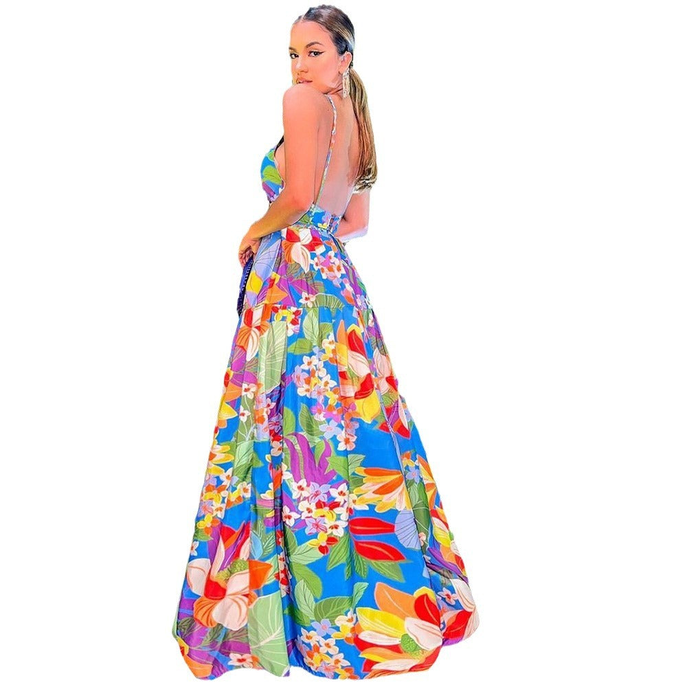 summer new European and American women's wish dress holiday print multi-color off-shoulder swing sling long