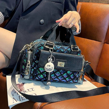 BINFENXIE 2025 Sequin Boston bag women's bag popular new high-end fashion horizontal casual trendy handbag niche messenger bag