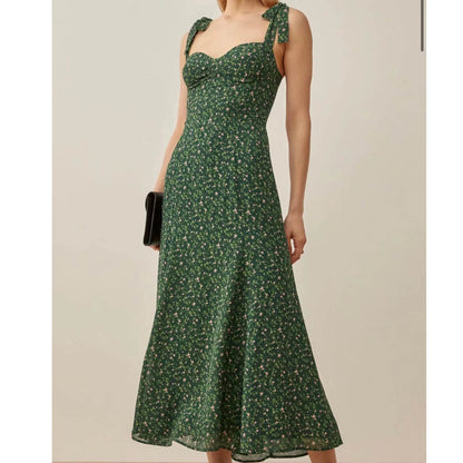 binfenxie-shop indie dress to impress Summer French Style Retro Dark Green Small Floral Slim Waist Long Sling Dress