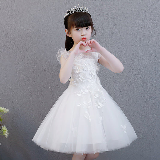 Girls' Princess Dress White Tulle Tutu Summer Dress Flower Girl Wedding Dress Costume for Piano Performance Cross-Border Children's Dress