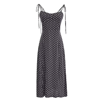 binfenxie-shop summer outfits inspo Sexy Side Slit Slim High Waist Sling Midi Dress Summer French Retro V-neck Polka Dot Print Dress Women