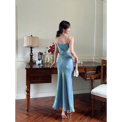 binfenxie-shop dresses Same Day Delivery Summer New Green Mermaid Sling Super Long Dress Smooth Draping Slim Dress