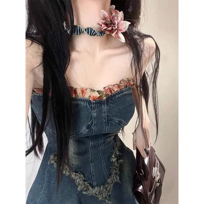 binfenxie-shop fall 2024 fashion trends French Style Sweet Hot Girl Tube Top Denim Dress Women's Summer High-Grade Waist Slimming Pettiskirt Small