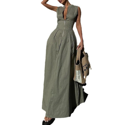 binfenxie 2000s fashion New Fashion Ladies Fashion Casual Sleeveless Solid Color Waist Dress