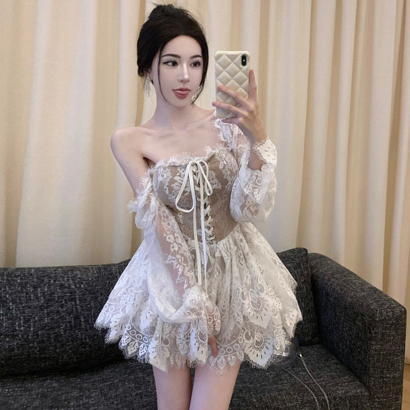 binfenxie-shop dress to impress Autumn Sexy Halter Long Sleeve Waist Lace Cake Dress