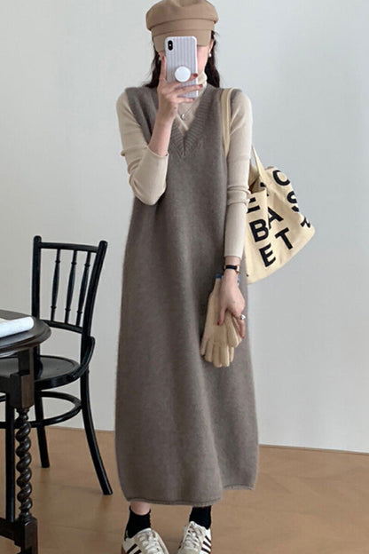 binfenxie-shop dress to impress outfits V-neck Long Vest Sleeveless Sweater Dress Women's Autumn and Winter Loose Belly Covering Temperament Mid-Length Knitted Skirt