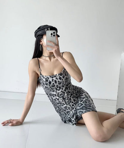 binfenxie outfit inspo Summer New Leopard Print Hot Girl Sexy Sequined Hip Irregular Hem Sling Dress