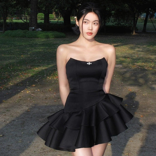 binfenxie-shop freshman hoco dresses Black Tube Top Dress Women's New Tube Top Dress Cake Skirt Birthday Pettiskirt Adult Dress