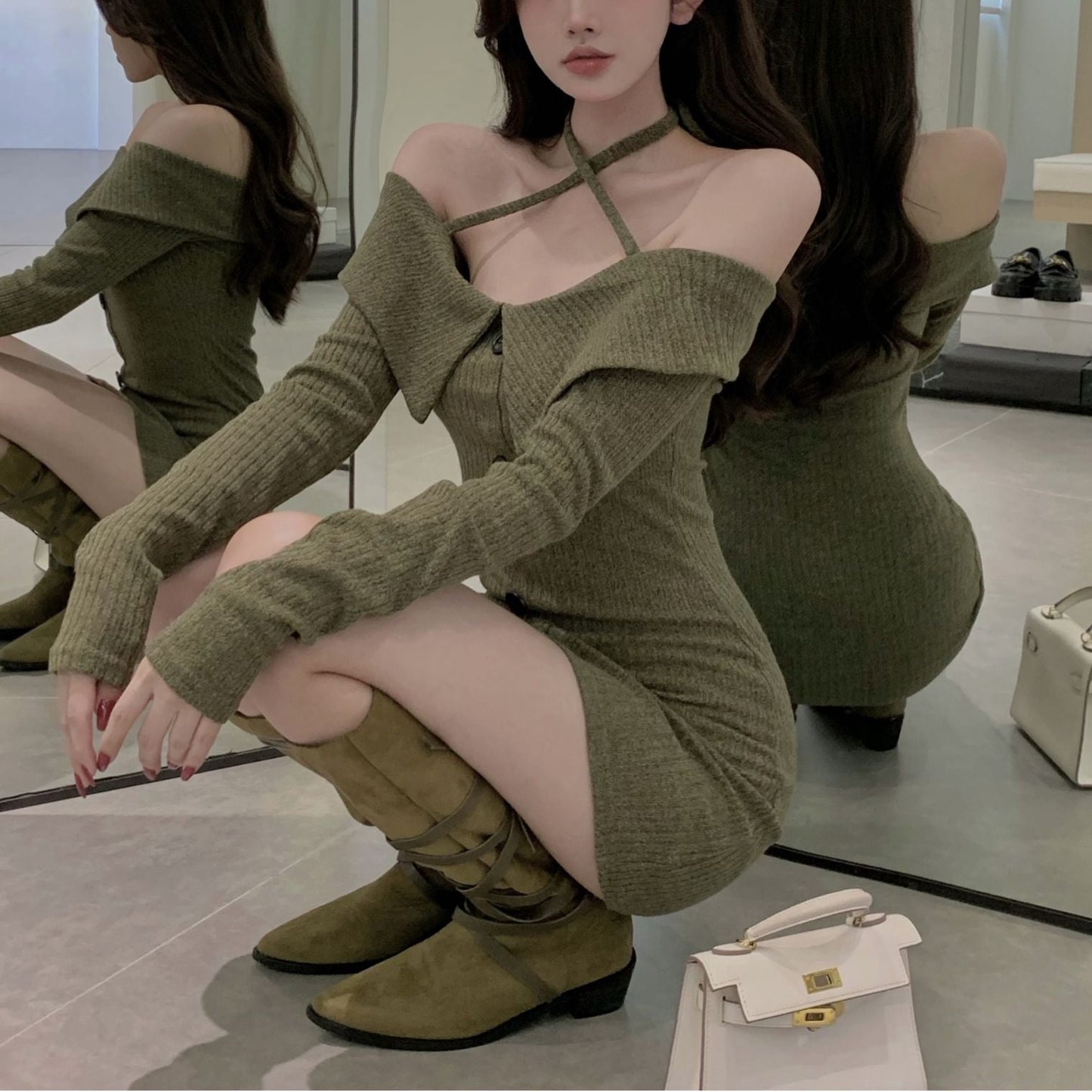 binfenxie-shop outfit inspo Autumn and Winter New Pure Desire Style Sexy off-Shoulder Halter off-the-Collarbone Slim Knit Long Sleeve Dress