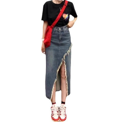 binfenxie-shop skirt outfits Fashionable Denim Skirt Women's Spring and Summer Elegant Slimming Versatile Stitching Frayed Split High Waist Sheath Dress