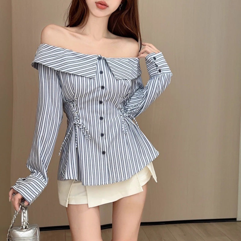 binfenxie-shop dresses Hot Girl Style Striped Shirt Girls' Spring and Autumn off-Neck Slim Waist Shirt Chic Lace-up Long Sleeve T-shirt Shirt