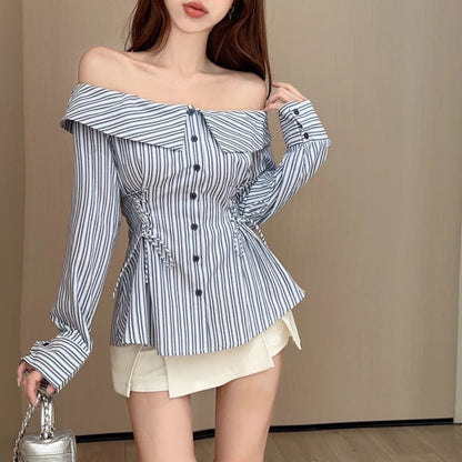 binfenxie-shop dresses Hot Girl Style Striped Shirt Girls' Spring and Autumn off-Neck Slim Waist Shirt Chic Lace-up Long Sleeve T-shirt Shirt