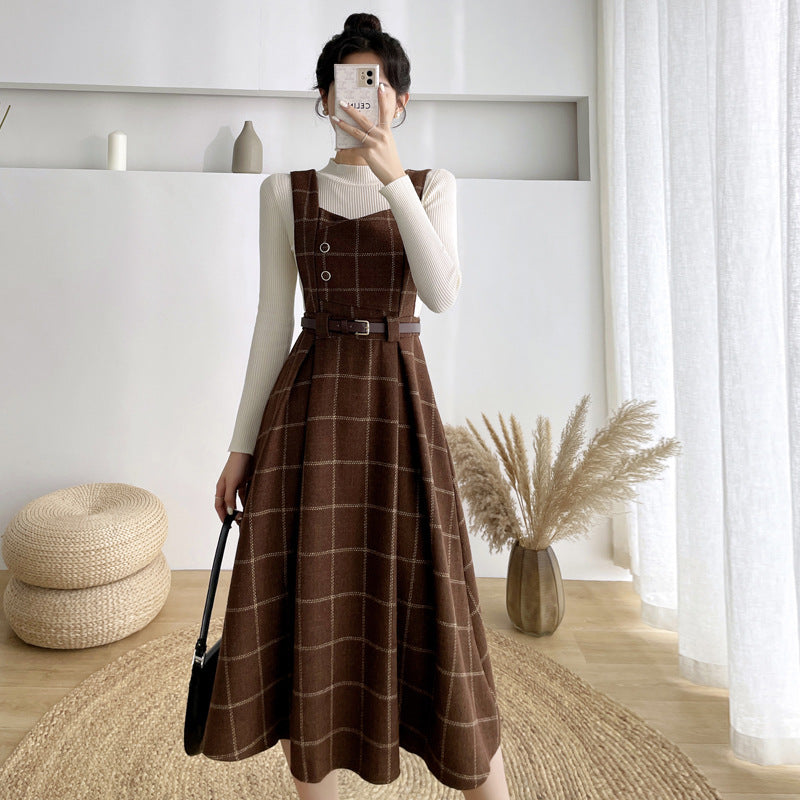 binfenxie-shop witch dress to impress New Vintage Plaid Woolen Vest Camisole Dress Women's Small Preppy Style Dress