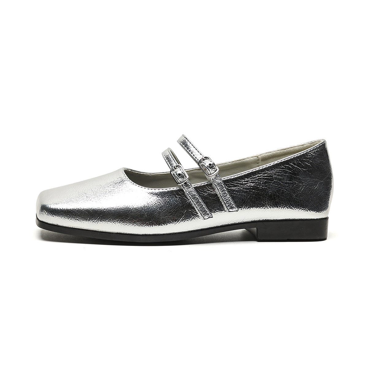 French evening style silver single shoes for women with flat soles and temperament, fairy one-word square toe shallow mouth Mary Jane shoes