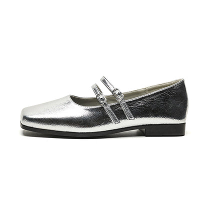 French evening style silver single shoes for women with flat soles and temperament, fairy one-word square toe shallow mouth Mary Jane shoes