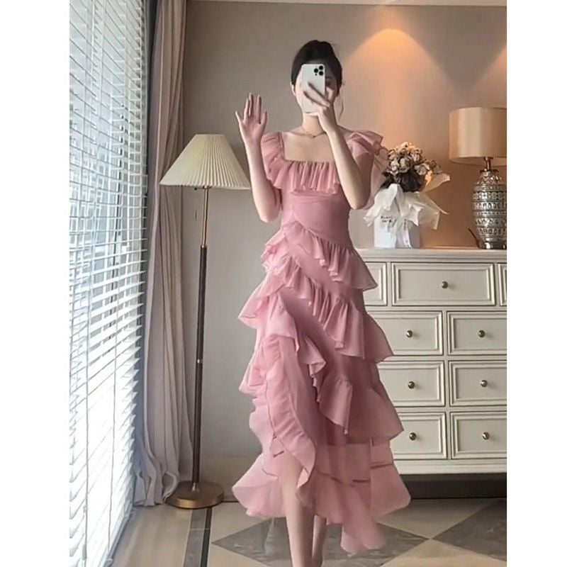 binfenxie-shop alien invasion dress to impress New Irregular Square Collar Ruffled Dress Women's Cake Skirt Temperament Long Skirt