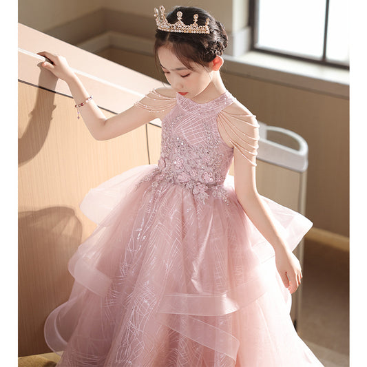 Children's Dress Girls Birthday Princess Dress Dresses of Bride Fellow Kids Light Luxury Minority Children Host Piano Performance Pink