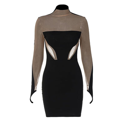 Mesh Patchwork Contrast Gloves High Neck Mini Dress