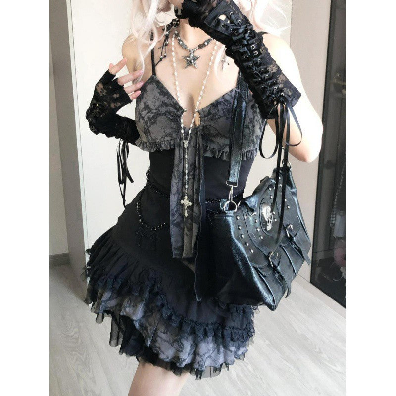 binfenxie-shop y2k outfits Summer Fashion Hot Girl Asian Culture Slimming Contrast Color Suspender Skirt New Design Sense Lace Stitching Dress Women