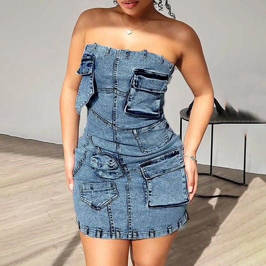 binfenxie-shop outfit inspo Personalized Street Denim Hip Skirt Spring New Solid Color Stitching Multi-Pocket Tube Top High Waist Dress Women