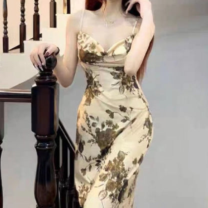 binfenxie-shop detective vs suspect dress to impress French Style Light Mature Artistic Conception Oil Painting Retro Dress Swing Collar Slim Waist Strap Mid-Length Elegant New Chinese Style