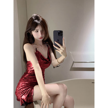 binfenxie-shop homecoming dresses Nightclub Sexy Dress Bar Disco Online Celebrity Hip Skirt Tight Waist Pleated Hot Girl Halter Backless Suspender Skirt