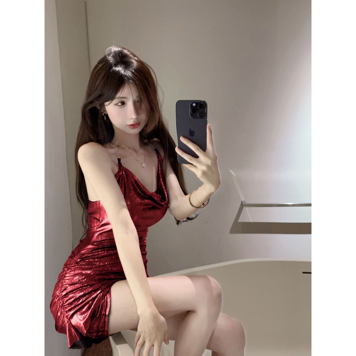 binfenxie-shop birthday outfit Nightclub Sexy Dress Bar Disco Online Celebrity Hip Skirt Tight Waist Pleated Hot Girl Halter Backless Suspender Skirt