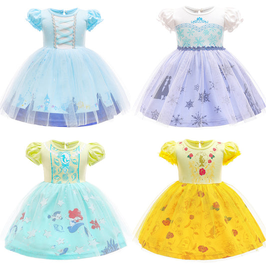 Amoi Ins Style Frozen Princess Dress Short Sleeve Mesh Dress Cute Girl Christmas Children Shirt