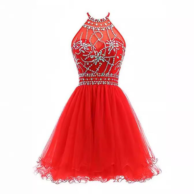 binfenxie-shop dresses Slim-Fit Small Dress Halter Short Bridal Wedding Dress Banquet Evening Dress Lace New Red Women