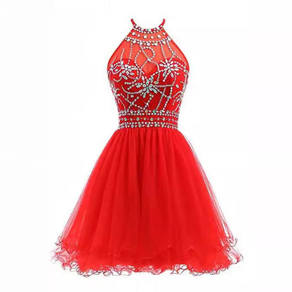 binfenxie-shop dresses Slim-Fit Small Dress Halter Short Bridal Wedding Dress Banquet Evening Dress Lace New Red Women