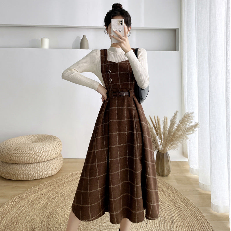 binfenxie-shop witch dress to impress New Vintage Plaid Woolen Vest Camisole Dress Women's Small Preppy Style Dress