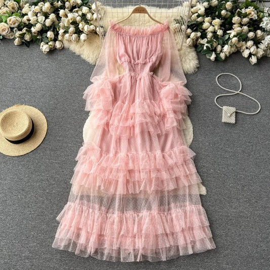 binfenxie-shop summer outfits inspo French Style High-Grade Ruffled Mesh Cake Dress Women's Waist Slimming Temperament off-Shoulder Super Fairy Long Skirt