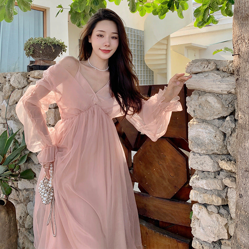 binfenxie-shop detective vs suspect dress to impress French Style Sexy High-Grade Strap Pink Mori Fairy Dress Sanya Seaside Vacation Photography Beach Dress for Women