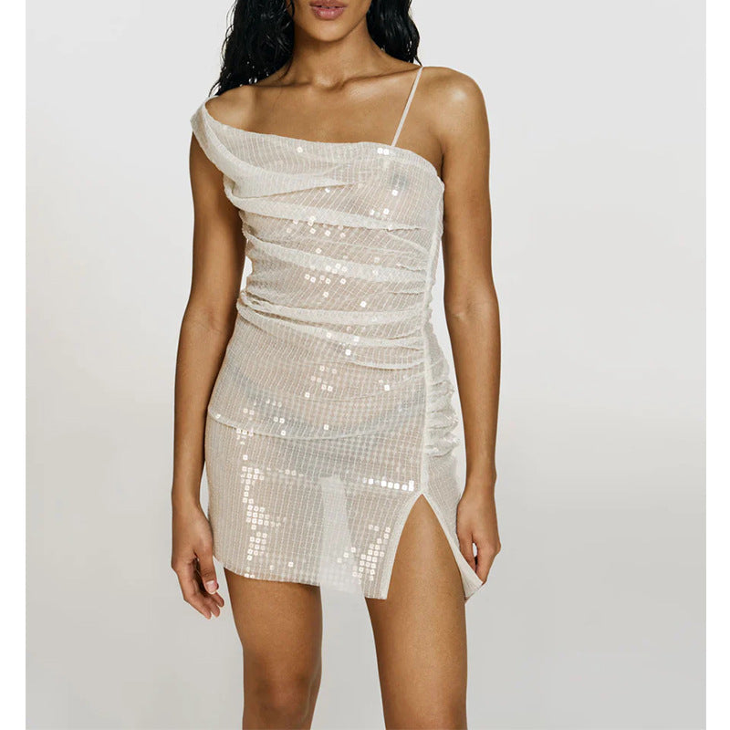 binfenxie-shop divine being dress to impress Women's Slant Shoulder Strap Short Skirt See-through Sexy Backless Sequins Dress