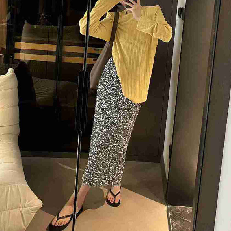 binfenxie-shop outfit ideas 2024 New Fashion High Waist Slimming Sequined Skirt Women's Elastic Waist Stretch Straight Dress